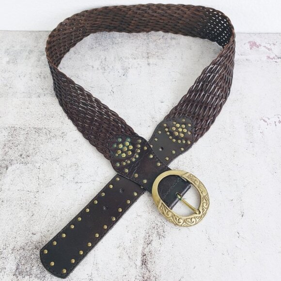 Vintage Bohemian Woven Braided Leather Wide Belt Brown size M main image 6